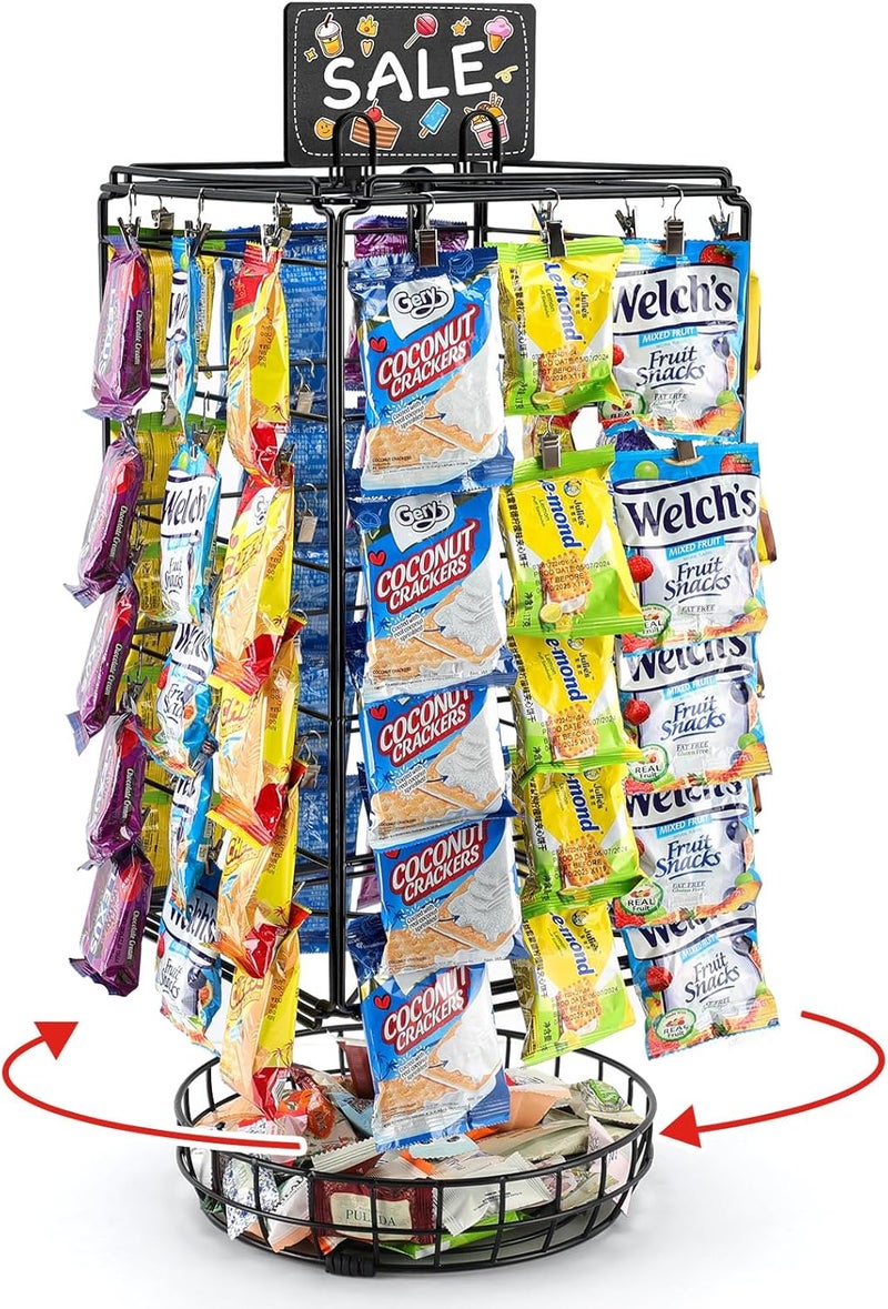 vefix Chip Rack Display Stand, 5 Tiers 60 Clips Snack Retail Display Rack, 360° Rotation Snack Retail Display Rack, Potato Chip Rack, Candy Display Rack, Chip Holder-with Basket - Image 1